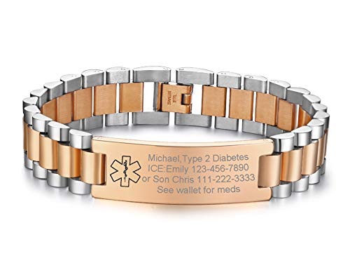 VNOX Medical Jewelry-Two-Tone Custom Engraving Wide Stainless Steel ID Emergency Watchband Link Bracelet,8.5'