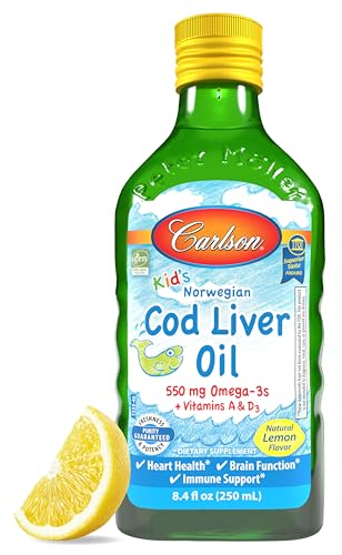 Carlson - Kid's Cod Liver Oil, 550 mg Omega-3s, Vitamins A & D3, Wild Norwegian, Lemon, 250 mL
