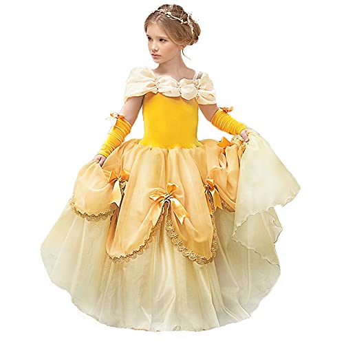 MDYCW Puffy Princess Dress Off Shoulder Layered Costume, Special Occasion Dresses for Toddler Girls Age 4-5 Years, Ultra Soft Lace Fancy Gown Birthday Party Dress Up, Yellow