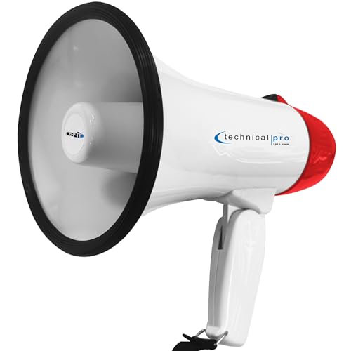 Technical Pro 20 Watts Lightweight Portable 300M Range White and Red Megaphone Bullhorn with Strap, Siren, and Volume Control, Good for Trainers, Soccer, Football, Baseball, Coaches
