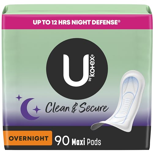 U by Kotex Clean & Secure Overnight Maxi Pads, 90 Count (3 Packs of 30) (Packaging May Vary)