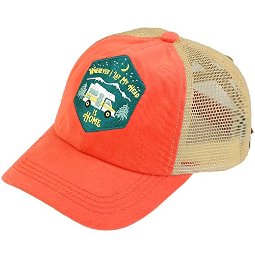 C.C Ponytail Criss Cross Messy Buns Ponycaps Baseball Cap Dad Trucker Mesh Hat (Patch Wherever I Lay My Head is Home Coral)