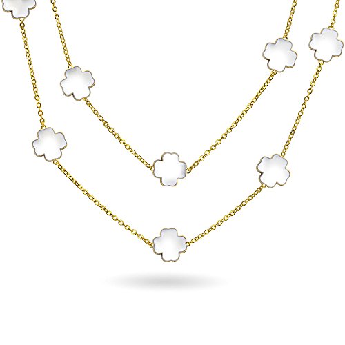 Bling Jewelry White Flower Long Silver Plated Pearlized Enamel Station Chain Wrap Layer Clover Necklace For Women 40 Inch
