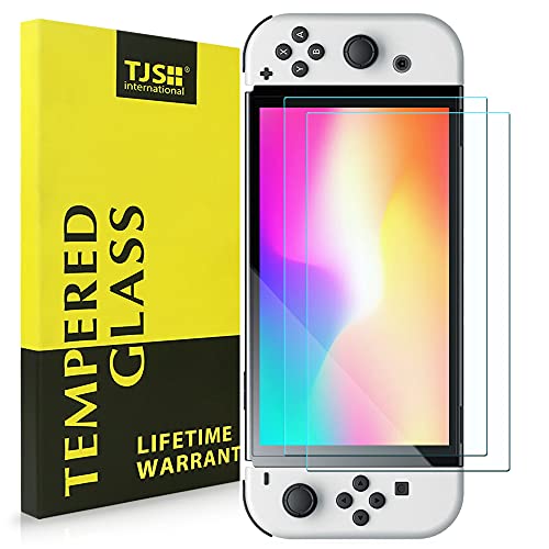 TJS [2 Pack Screen Protector Tempered Glass for Nintendo Switch OLED Model 2021, [Works While Docking] - 0.3mm Thickness/Bubble Free/Ultra Clear/9H Hardness/Anti-Scratch/Anti-Fingerprint (Clear)
