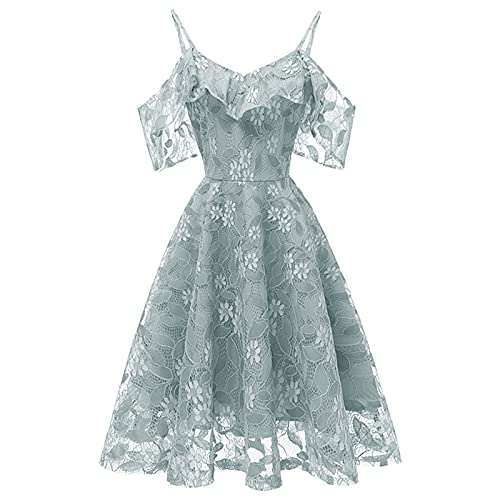 2021 Women's Floral Lace Cold Shouder Swing Prom Party Cocktail Dresses Ruffle Sleeve Casual Fall Midi Pleated Dress Light Blue