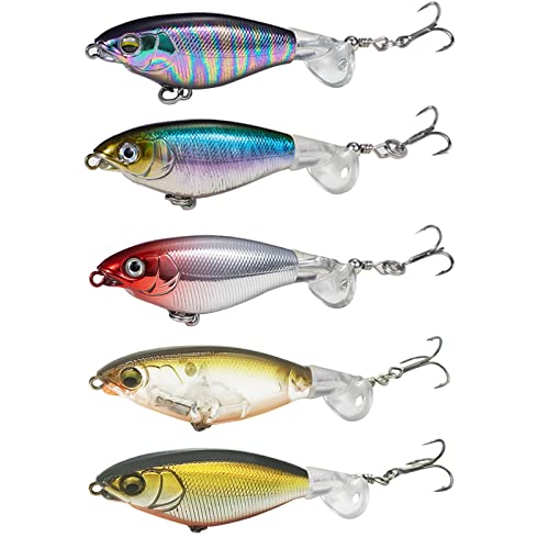 Topwater Fishing Lures for Bass, Whopper Popper Lures with Realistic 3D Eyes and Rotating Tails for Freshwater and Saltwater - 5pcs Set