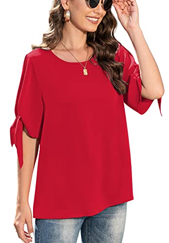 Jouica Women's Knot Cuff Blouse Business Casual Tops for Women,D Red,Medium