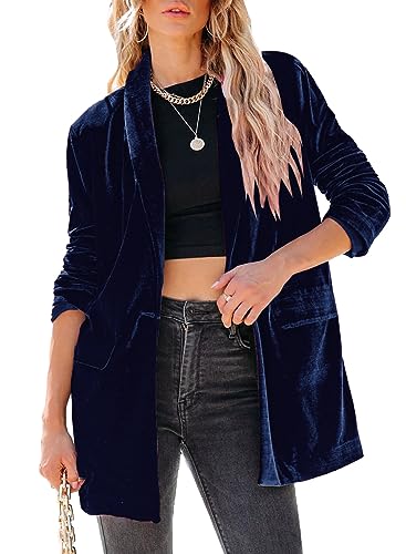 Happy Sailed Women Velvet Blazer Jackets Casual Long Sleeve Lapel Collar Pocketed Blazer Suits Work Outfits Blue X-Large