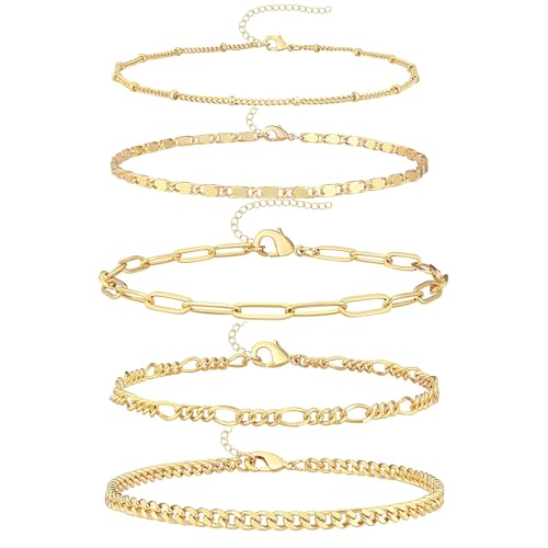 Gokeey Reoxvo Gold Bracelets Jewelry Gifts Set for Women Fashion Dainty Gold Adjustable Layered Link Chain Bracelet Pack for Women 14K Real Gold Cute 5pcs