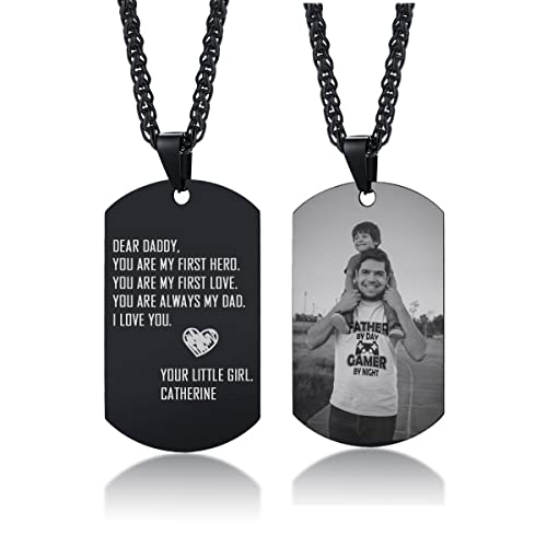 Personalized Stainless Steel Dogtag Necklace for Dad, Custom Photo Text Army Dog Tag Pendant Necklace For Father Husband Son Customized Picture Necklace For Men Women, Gift For Christmas,Black