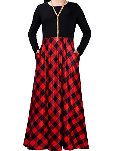 Women Christmas Plaid Long Sleeve High Waist Maxi Girls Dress with Pocket, Necklace (Black, Red, XX-Large)