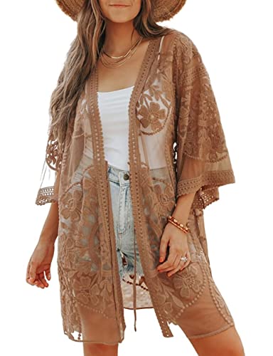 Bsubseach Kimonos for Women Lace Sexy Swimsuit Cover Ups Open Front Beach Robe Summer Cardigan Khaki