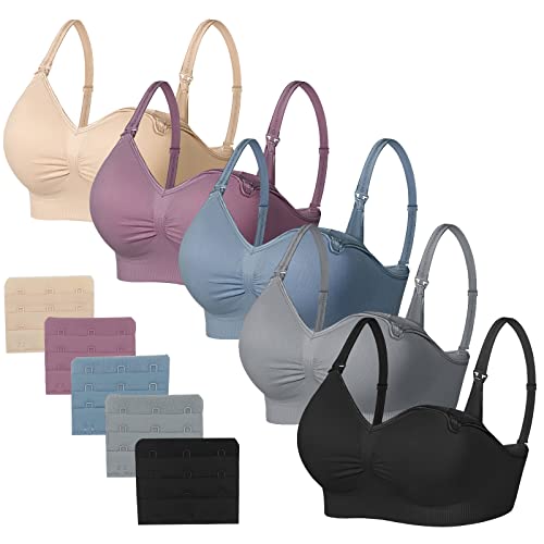 JAMRID 5 Pack Maternity Nursing Bras for Breastfeeding Bra Maternity Bralette for Pregnancy Hands Free Pumping (Black+Grey+Beige+Dusty Blue+Purplebean, XL)