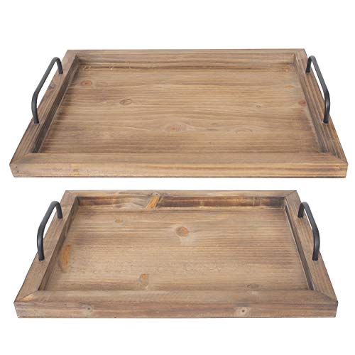 Besti Rustic Vintage Food Serving Trays (Set of 2) | Nesting Wooden Board with Metal Handles | Stylish Farmhouse Decor Serving Platters | Large: 15 x2 x11' - Small: 13 x2 x9' inches (Rustic Burnt)