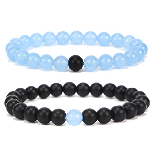 EIGHTEX Black Matte Agate & Turquoise His and Hers Bracelets 8mm Sandstone Couple Bracelet Distance Bracelets (Sky blue 2PCS/Set)