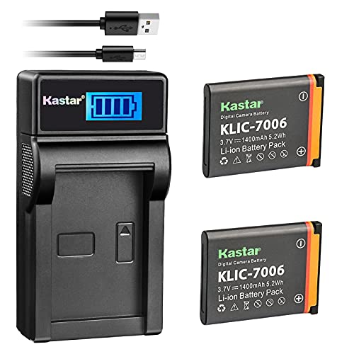 Kastar Battery x2 and SLIM LCD Charger Replacement for Kodak KLIC-7006 EasyShare M22, M23, M200, M522, M530, M531, M532, M550, M552, M575, M577, M580, M583, M750, M873, M883, M5350, M5370, MD30, Mini