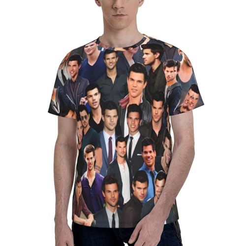 WINDSORCHEF Taylor Lautner T Shirt Man's Summer Loose Tee Casual Round Neckline Short Sleeve Clothes Black Large