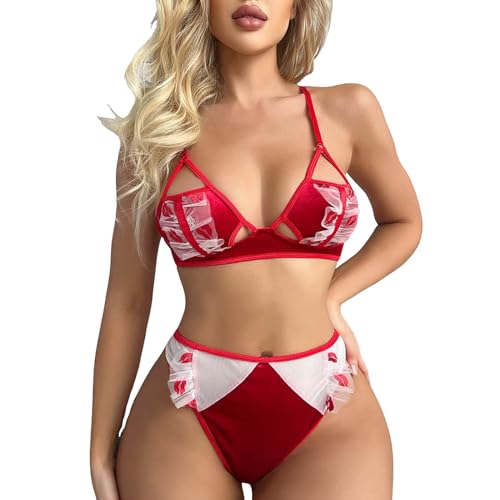 Off The Chain Chemise Valentine's Day Sexy Red Lips Lace Patchwork Lingerie Set Womens Lingerie (Red, M)