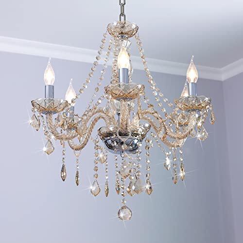 CRYSTOP Crystal Chandeliers for Dining Room, 6-Lights Classic Cognac Pendant Light, Vintage Chandelairs for Bedroom, Candle Ceiling Light Fixture for Living Room, Bathroom, Kitchen, Wedding Decor