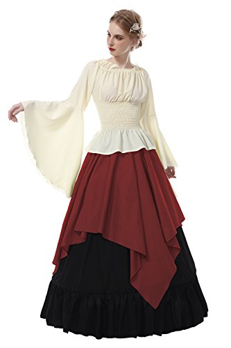 Renaissance Costume Women Medieval Peasant Dress Trumpet Sleeve Victorian Ren Faire Shirt and Skirt Red XXL