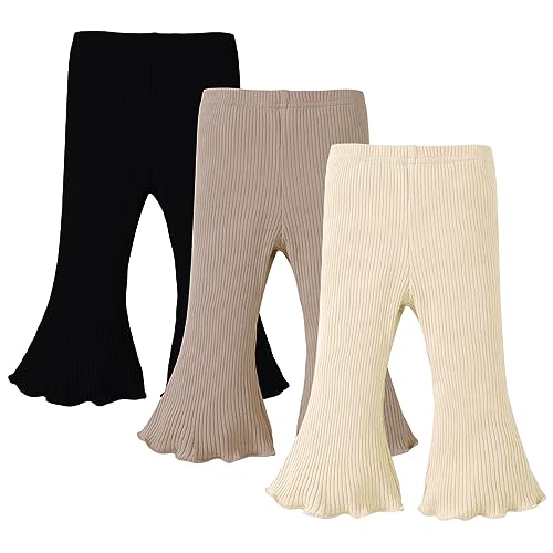 SOBOWO Toddler Baby Girl Flare Pants 3 Pack Solid Ribbed Ruffle Bell Bottoms Pants Fall Outfits(Black/Beige/Brown, 12-18 Months)