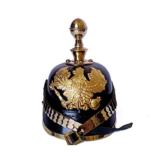 AnNafi German Pickelhaube Helmet | Leather Pickelhaube Imperial Prussian Helmet | Brass Military Officer Round Top Men’s Costume | WWI & WWII Helmets Replica LARP Re-Enactment Party Cosplay Costumes
