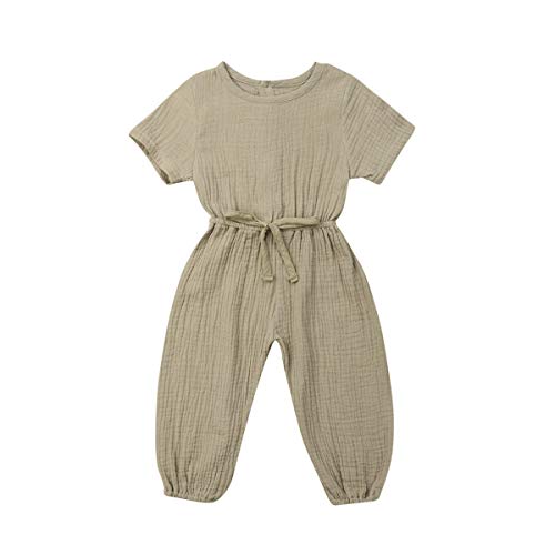 Mubineo Toddler Baby Girl Summer Fall Basic Plain Short Sleeve Cotton Linen Drawstring Romper Jumpsuit (Khaki, 2-3T)