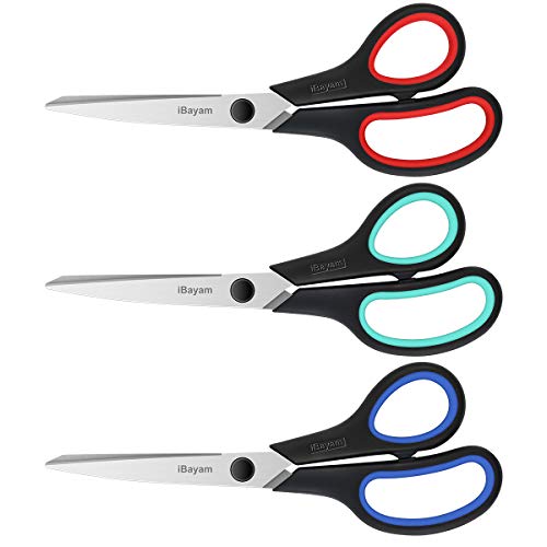 Scissors, iBayam 8' Multipurpose Scissors Bulk 3-Pack, Ultra Sharp Blade Shears, Comfort-Grip Handles, Sturdy Sharp Scissors for Office Home School Sewing Fabric Craft Supplies, Right/Left Hand