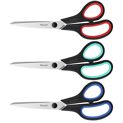 Scissors, iBayam 8' Multipurpose Scissors Bulk 3-Pack, Ultra Sharp Blade Shears, Comfort-Grip Handles, Sturdy Sharp Scissors for Office Home School Sewing Fabric Craft Supplies, Right/Left Hand