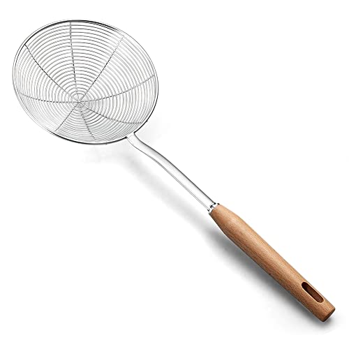 Spider Strainer, Skimmer Spoons, 6.3 Inch Spider Strainer Skimmer Ladle for Cooking and Frying, Cooking Utensils Strainer Spoon with Wooden Handle, Wire Spider Strainer Slotted Spoon for Kitchen