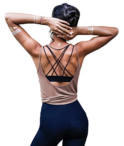OYANUS Womens Summer Workout Tops Sexy Backless Yoga Shirts Loose Open Back Running Sports Tank Cute Muscle Sleeveless Gym Fitness Quick Dry Activewear Clothes for Juniors Bisque M