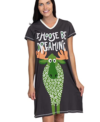 Lazy One Women's Nightgown, Funny V-Neck Sleep Shirt for Women (I Moose Be Dreaming, L/XL)
