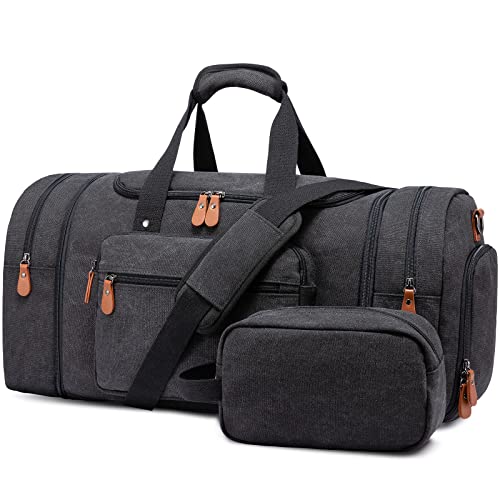 Sucipi Canvas Duffle Bag for Travel Overnight Carry on Bag with Shoe Compartment Weekender Duffel Bag with Toiletry Bag for Airplanes,Dark Grey