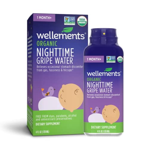 Wellements Organic Nighttime Gripe Water | Bedtime Relief for Baby Gas, Colic & Fussiness, Sleepy Time Herbs Promote a Peaceful Night’s Sleep, USDA Certified Organic & Non GMO | 4 Fl Oz, 1 Month +