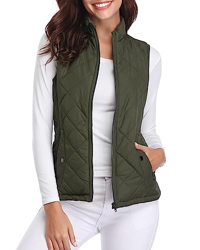 Fuinloth Women's Quilted Vest, Stand Collar Lightweight Zip Padded Gilet Green M
