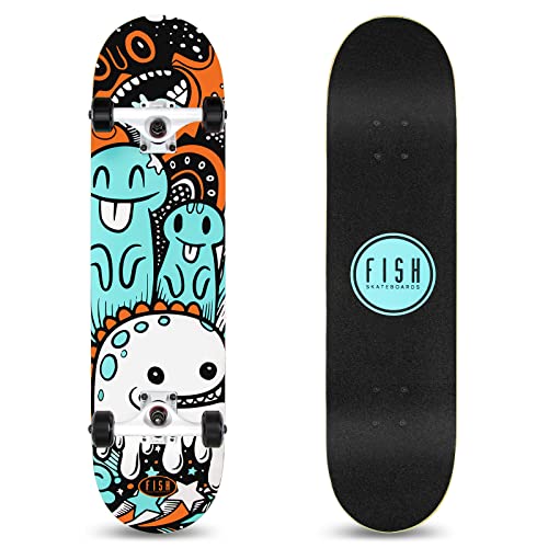 FISH SKATEBOARDS Standard Skateboard, Complete Skateboard 31''x 8'', 7 Layer Canadian Maple Double Kick Deck Concave Cruiser Trick Skateboards for Kids Boys Girls Youths Beginners.