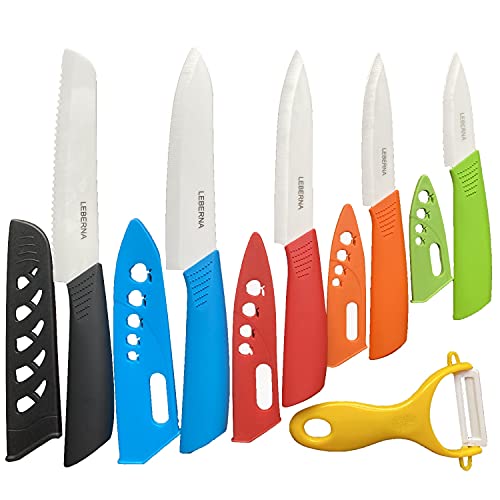 Ceramic Knife Set Ceramic Knives Set for Kitchen Ceramic Kitchen Knives Colored w Sheath 6' Bread Knife 6' Chef Knife 5' Utility Knife 4' Fruit Knife 3' Paring Knife 1 Peeler Colorful Rust Free Proof