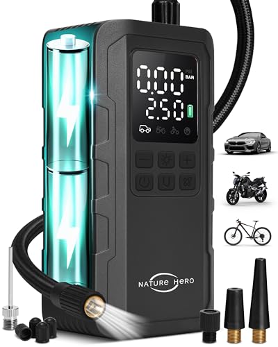 NATURE HERO Tire Inflator Portable Air Compressor,150 PSI car tire air pump portable with Digital LCD Pressure Gauge,Electric Air Pump for Motorcycle Tires,Bicycle Tires and Balls,Black