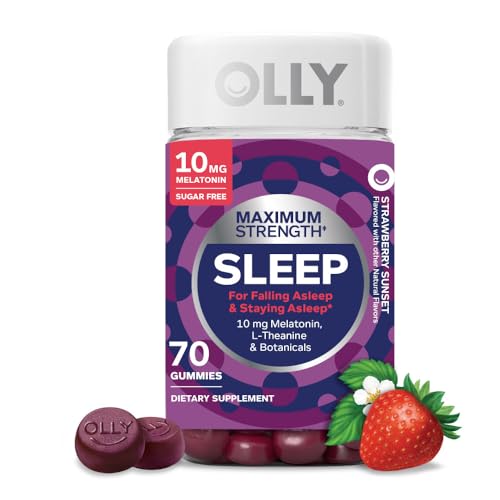 OLLY Max Strength Sleep Gummy, 10mg Melatonin, L-Theanine, Chamomile, Lemon Balm, Sugar Free, Vegetarian Sleep Aid, Strawberry - 70 Count
