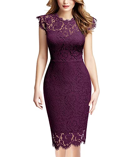 Miusol Women's Retro Floral Lace Slim Evening Cocktail Mini Dress (Large, Magenta)