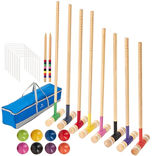 8 Players Croquet Set with 32In Regulation | 28In Standard Size Rubber Wood Mallets, Colored PE Ball, Wickets, 21In End Stakes - Lawn Backyard Game Set for Teens/Adults/Family