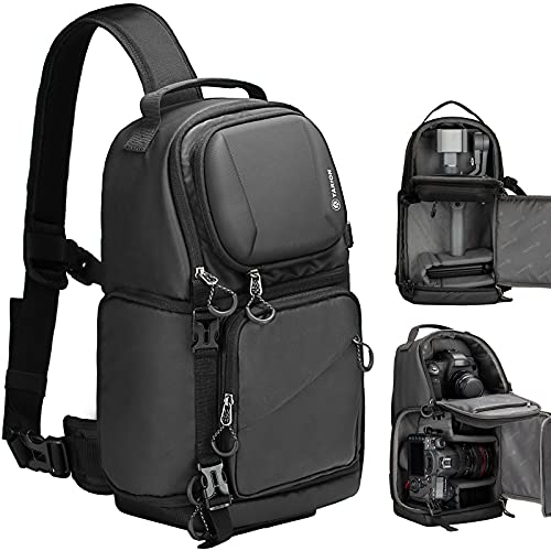 TARION Camera Sling Bag DSLR Sling Pack for Photographers with Waterproof Rain Cover Tripod Holder Sling Backpack Camera Bag Backpack Photography Slingpack Crossbody Bag for Hiking Travel Black TRS