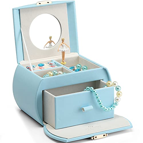Vlando Kids Musical Jewelry Box for Girls with Drawer, Music Box with Ballerina and Stickers for Birthday Bedroom Decor, Gifts for Girls Kids Christmas Thanksgiving Gifts 2023 - Blue