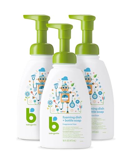 Babyganics Foaming Dish & Bottle Soap, Pump Bottle, Fragrance Free, Plant-Derived Cleaning Power, Removes Dried Milk, 16 Fl Oz, (Pack of 3), Packaging May Vary
