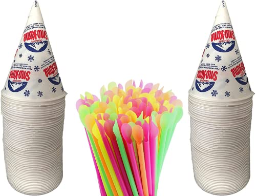 Concession Essentials 100 Count 6oz Snow Cone Cups with 100 8' Neon Spoon Straws, Pack of 200ct (100 cups/100 straws)