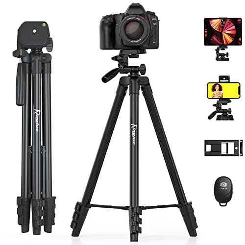 KINGJUE 60'' Camera Phone Tripod Stand Compatible with Canon Nikon DSLR with Universal Tablet Phone Holder Remote Shutter Bubble Level and Carry Bag Max Load 6.6LB