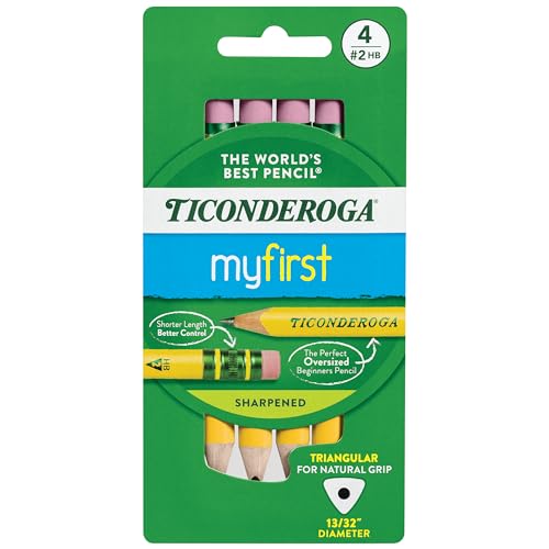 Ticonderoga My First Short Triangular Wood-Cased Pencils, 2 HB Soft, With Erasers, Yellow, 4 Count