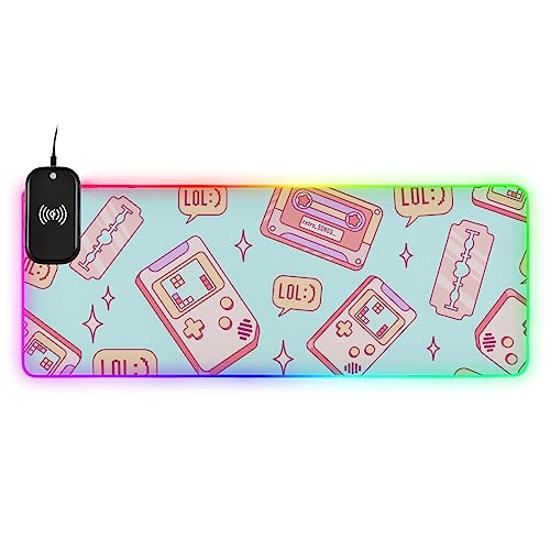 VKPSCHJ Gaming Mouse Pad with Wireless Charger 15W,Trendy Retro Game Style RGB Desk Pads Large Computer Keyboard Mat XL Glowing Mouse Pad Non-Slip for Mobile Phone Desktop PC Laptop