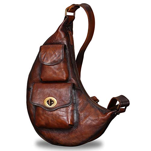 Mens Sling Bag Genuine Leather Motorcycle Shoulder Bag Anti Theft Crossbody Purse Satchel Casual Travel Daypack (LightCoffee)