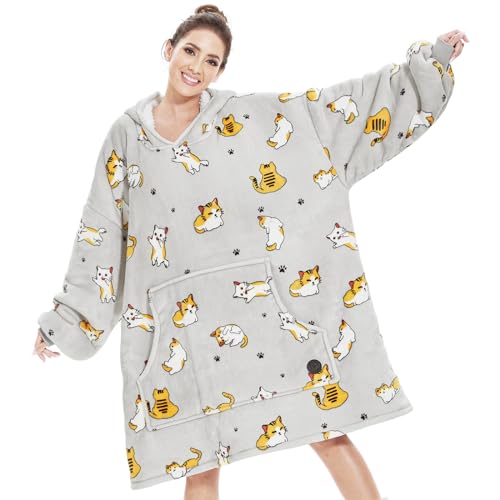 THREE POODLE Wearable Blanket Hoodie, Oversized Sherpa Blanket Sweatshirt for Adults Women Men Kids, Cozy and Warm Cat Hooded Blanket